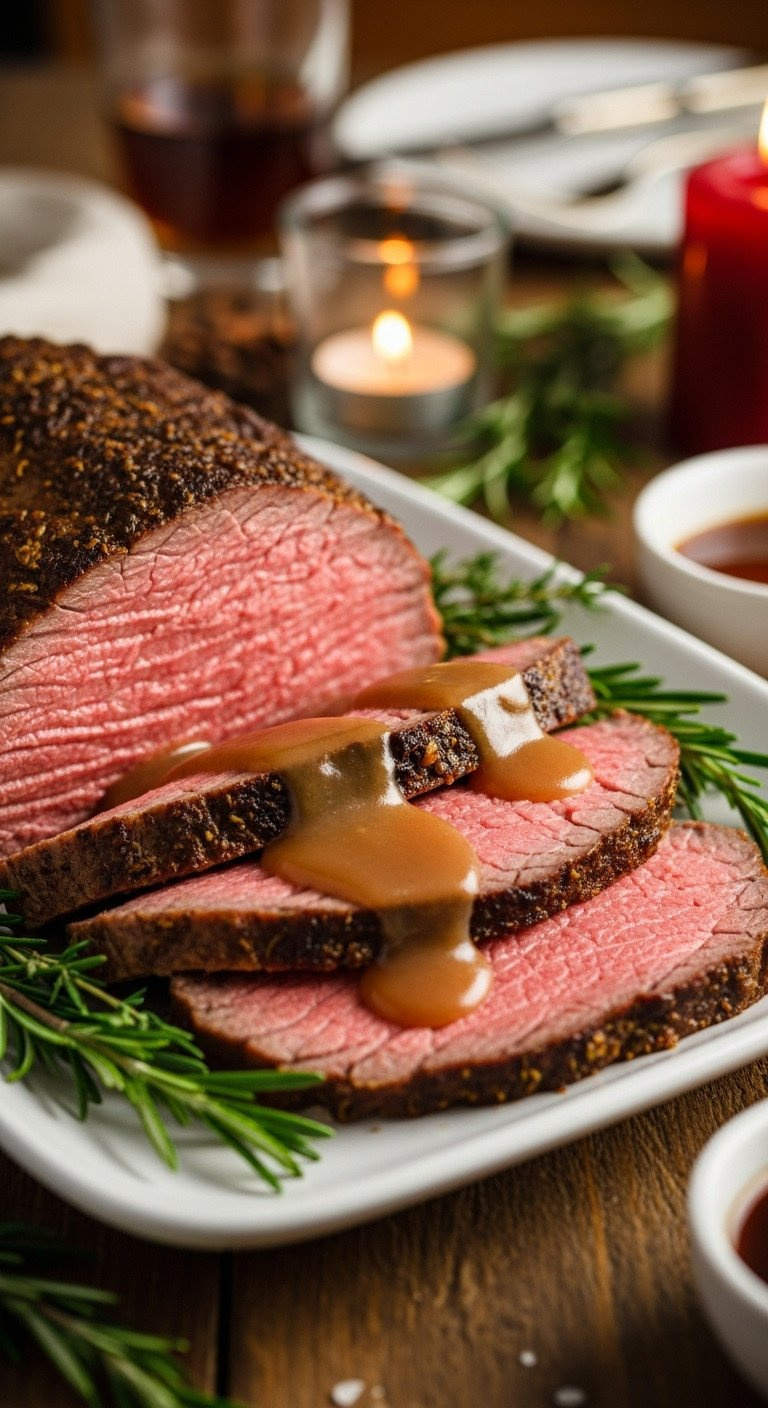 Sliced Medium-Rare Roast Beef, Pink, With Glossy Brown Gravy And Fresh Rosemary On White Platter. Warm Golden Light, Holiday Comfort.