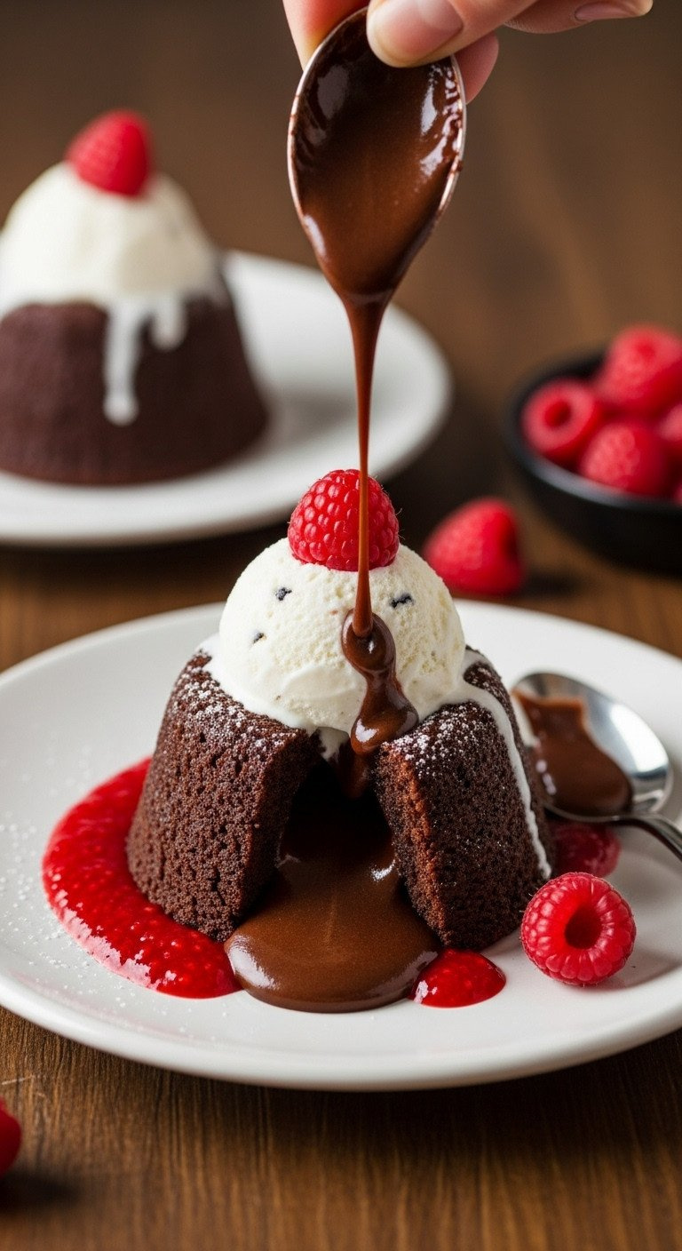 Sliced Mini Chocolate Lava Cake With Molten Ganache, Raspberry Coulis, &Amp; Vanilla Ice Cream. Gourmet Dessert.