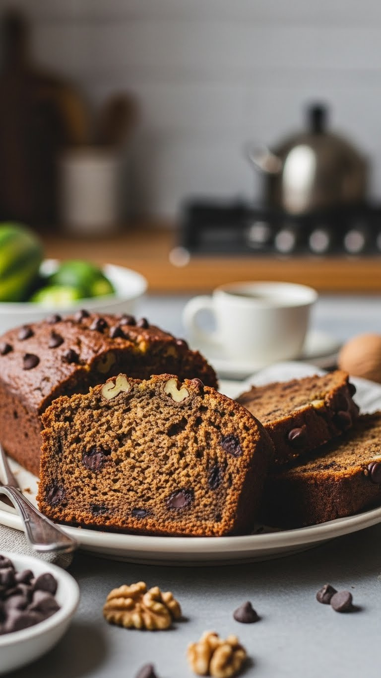 Sliced Moist Keto Zucchini Bread With Sugar-Free Chocolate Chips And Walnuts Arranged On Vintage Ceramic Plate