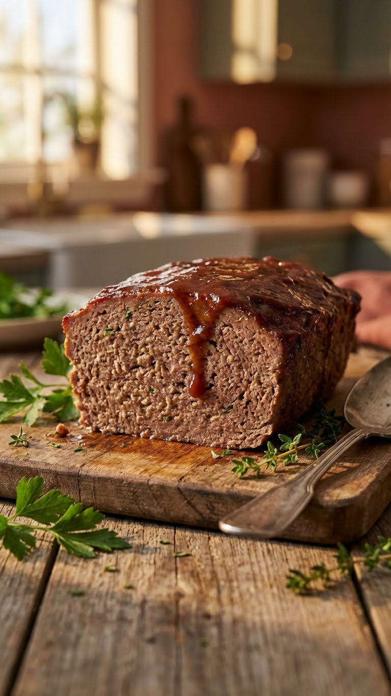 Sliced, Moist Meatloaf With Savory Glaze On Rustic Wooden Table, Fresh Herbs And Spoon, Warm Golden Hour Light.