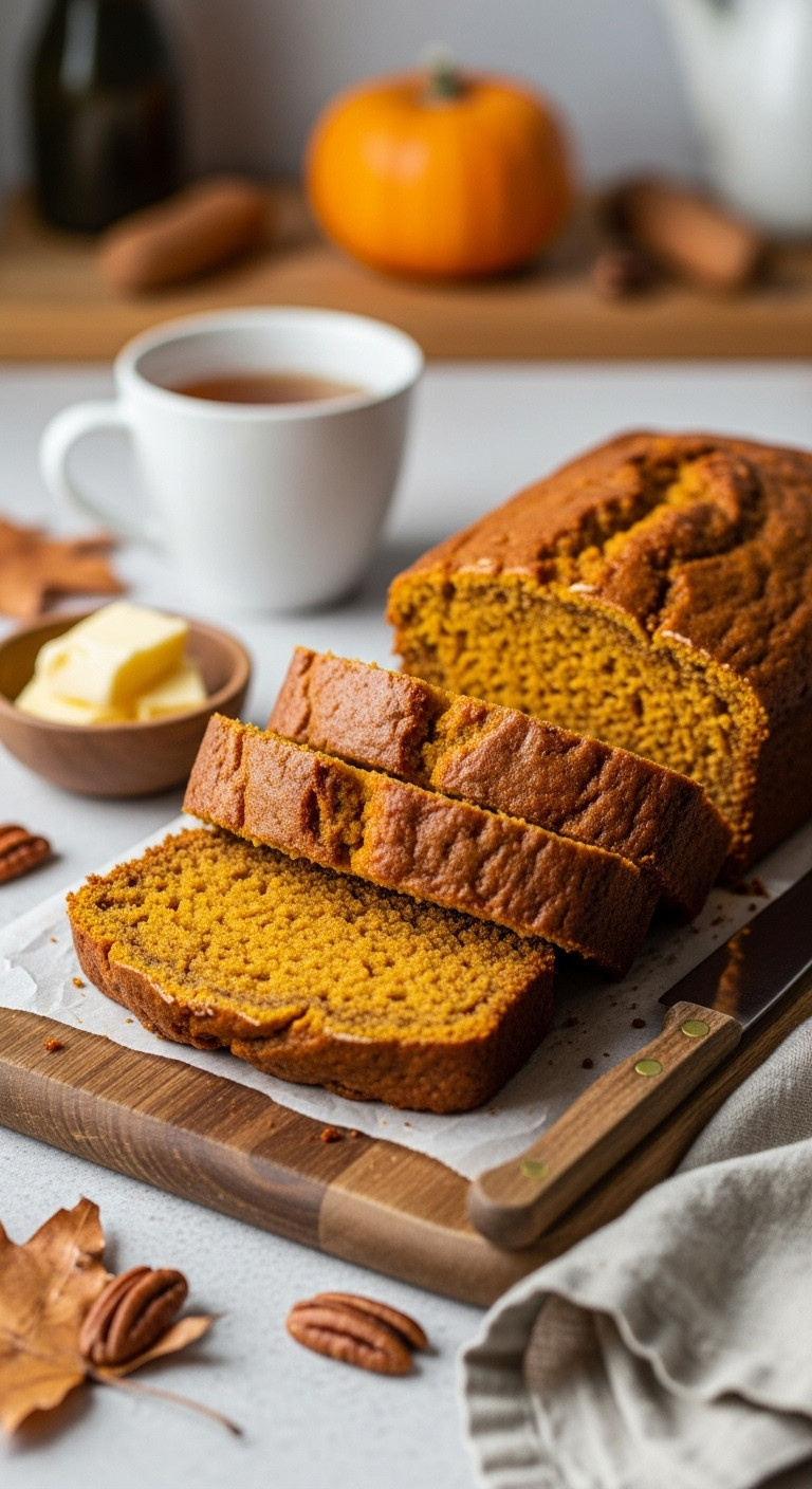 Sliced Moist Vegan Pumpkin Bread, Dense Crumb, Rich Orange, Spices, On Rustic Cutting Board With Pecans.
