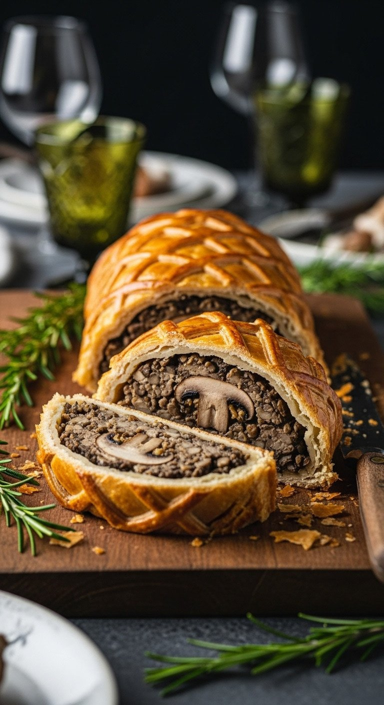 Sliced Mushroom Wellington With Flaky Golden Pastry, Savory Mushroom-Lentil Filling, Rosemary On A Rustic Carving Board.