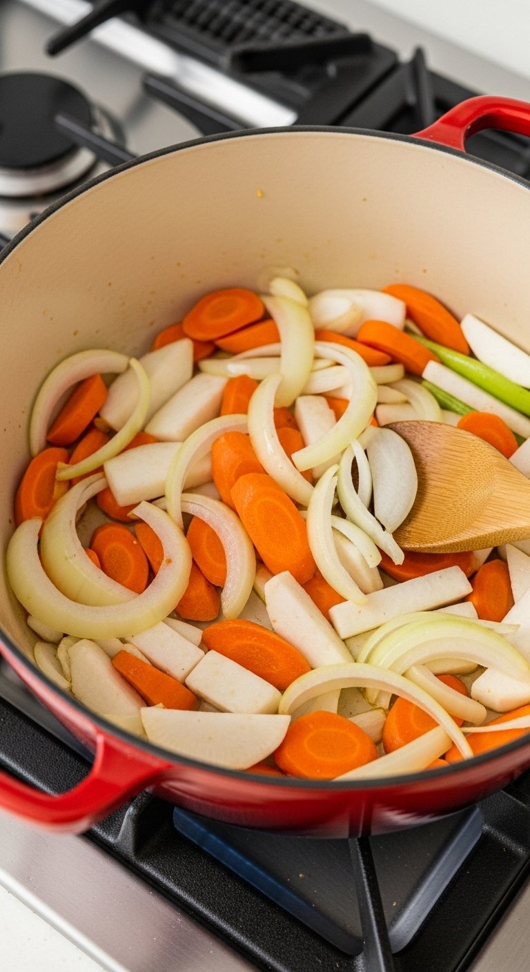 Sliced Onions, Carrots, And Daikon Radish Sizzling And Caramelizing In A Dutch Oven.