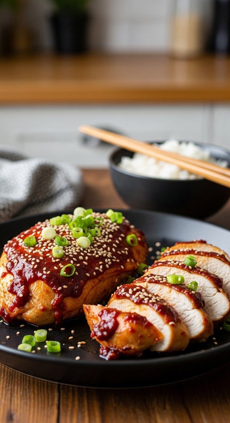 Sliced Oven-Baked Korean Chicken Breasts With Caramelized Gochujang Glaze, Sesame Seeds, And Green Onions On A Rustic Wooden Table.