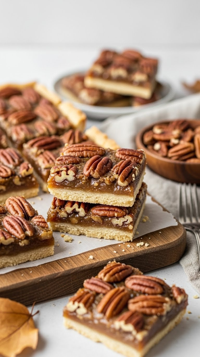 Sliced Pecan Pie Bars With Buttery Shortbread Crust And Caramel Pecan Filling On A Rustic Wooden Board. Delicious Fall Dessert.