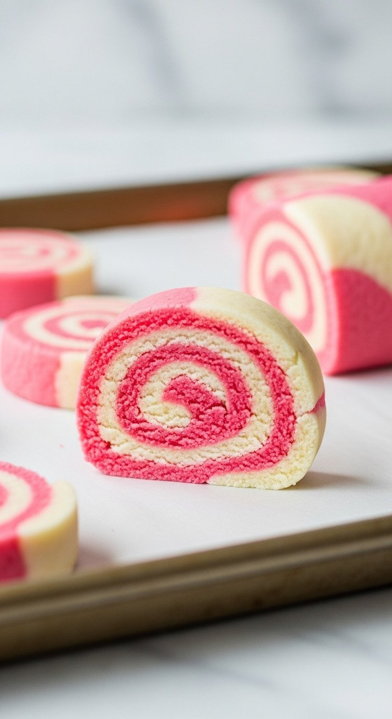 Sliced Pink And White Pinwheel Cookie Dough With Intricate Swirls On A Parchment-Lined Baking Sheet, Ready To Bake.