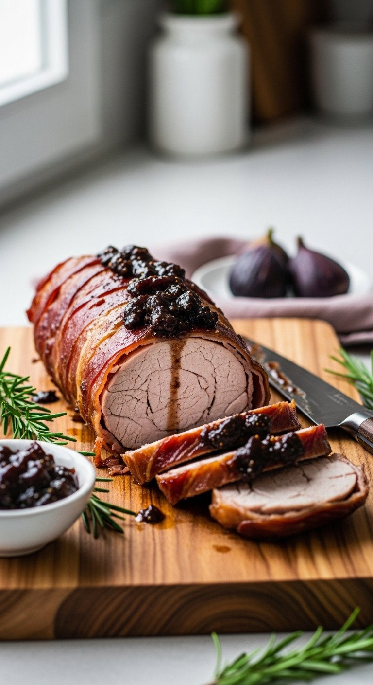 Sliced Prosciutto-Wrapped Pork Tenderloin With Fig Glaze, Rosemary, And Carving Knife On A Rustic Wooden Board.