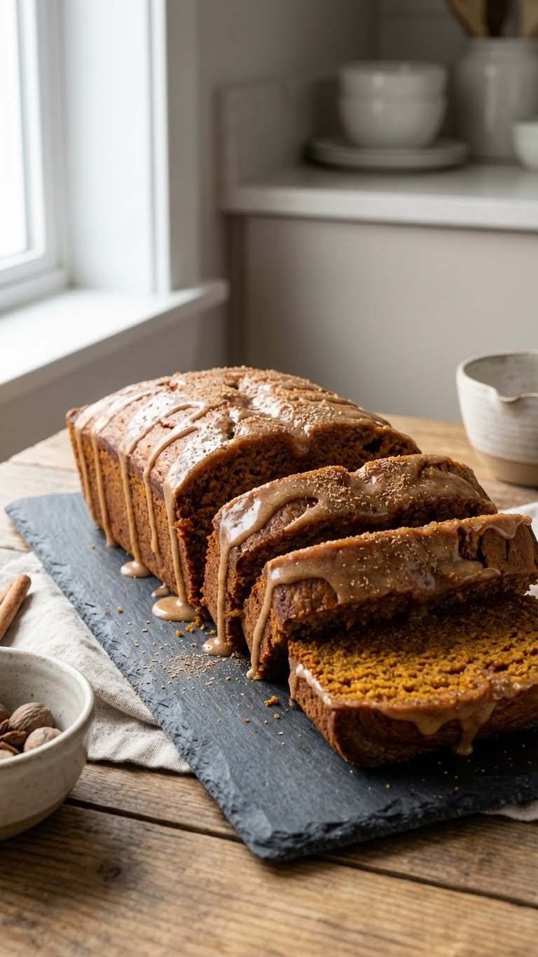 Sliced Pumpkin Spice Loaf On Slate Surface, Featuring Moist Crumb, Warm Cinnamon Glaze, And A Sprinkle Of Nutmeg.