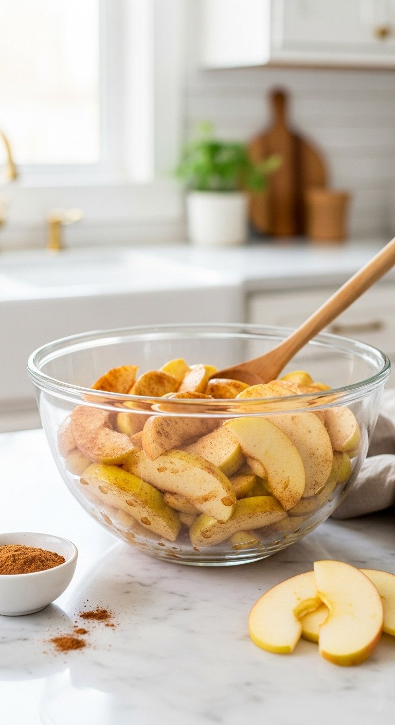 Sliced Raw Apples Glistening With Cinnamon &Amp; Sugar In Glass Bowl On Marble Counter. Apple Crisp Filling Prep.