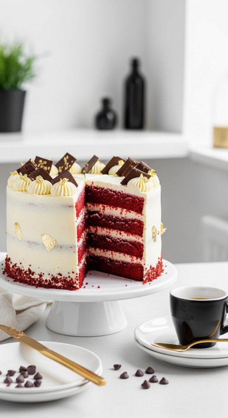 Sliced Red Velvet Cake With Cream Cheese Frosting, Edible Gold Leaf, Chocolate Shavings On A White Stand.