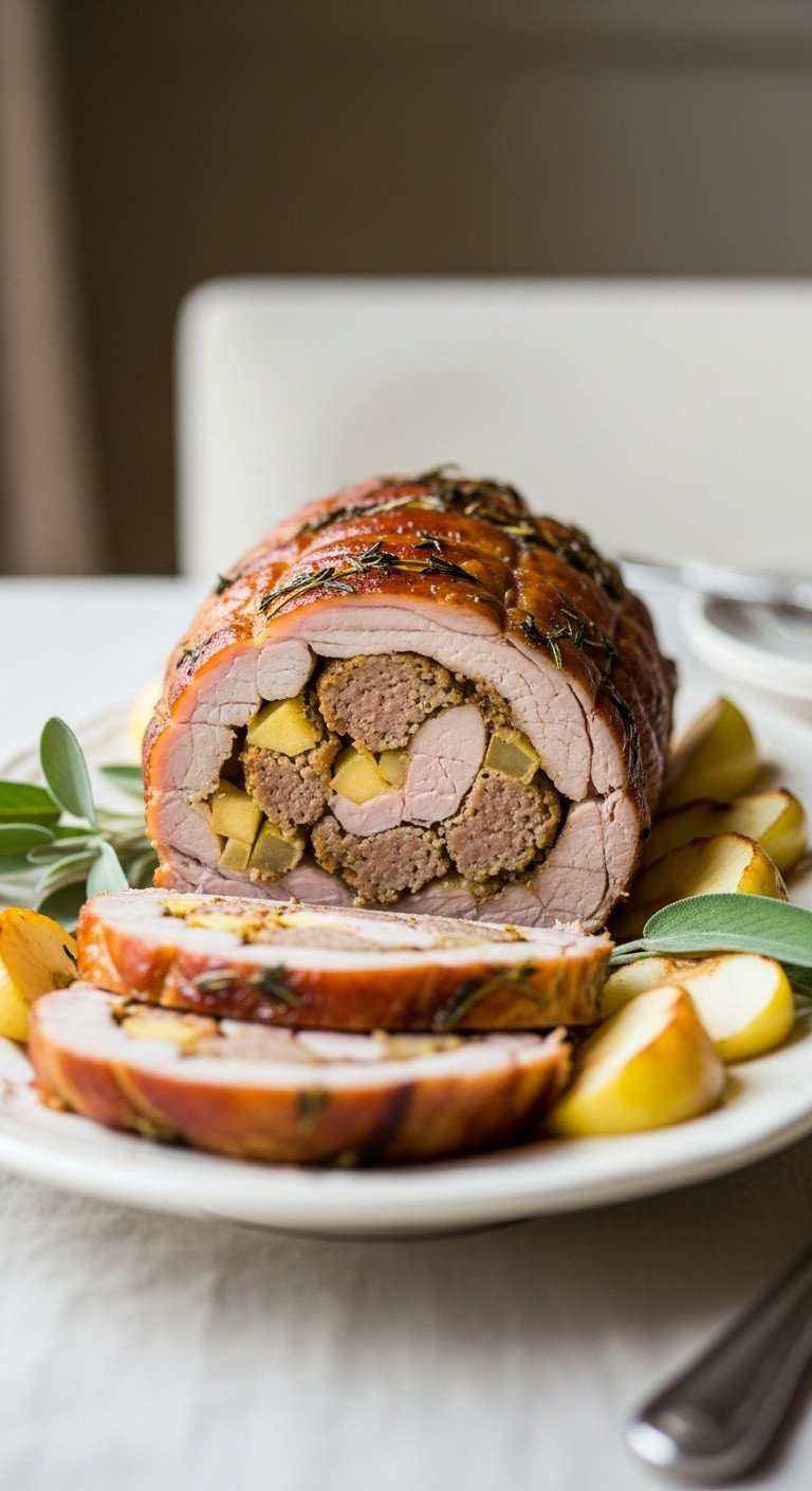 Sliced Roasted Pork Loin Revealing Sausage, Apple, And Herb Stuffing, Garnished With Sage And Apple Wedges.