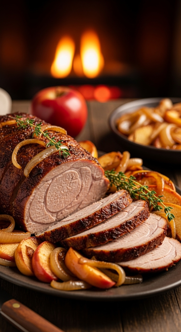 Sliced Slow Cooker Apple Cinnamon Pork Loin With Caramelized Apples, Onions, And Fresh Thyme Garnish
