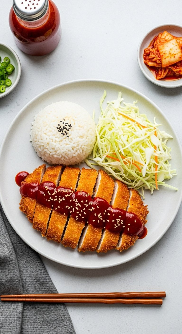 Sliced Spicy Korean Chicken Katsu Plated With Rice And Cabbage Drizzled With Red Gochujang Glaze.