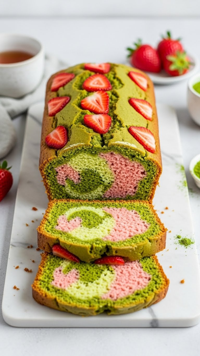Sliced Strawberry Matcha Swirl Loaf Cake With Vibrant Green And Pink Marble Pattern On Marble Counter