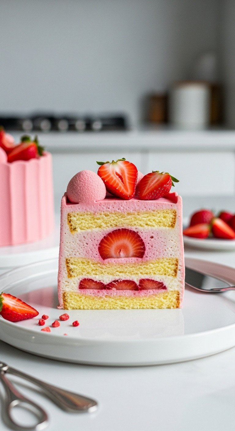 Sliced Strawberry Shortcake Entremet With Layers Of Mousse, Sponge, &Amp; Fresh Strawberries. Elegant Gourmet Dessert.