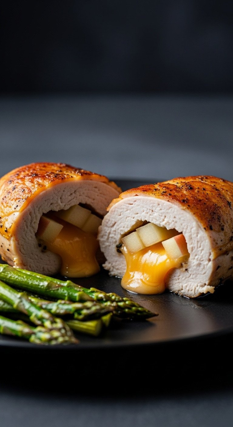 Sliced Stuffed Chicken Breast With Melted Cheddar Cheese And Tender Apples Inside, Served With Roasted Asparagus.