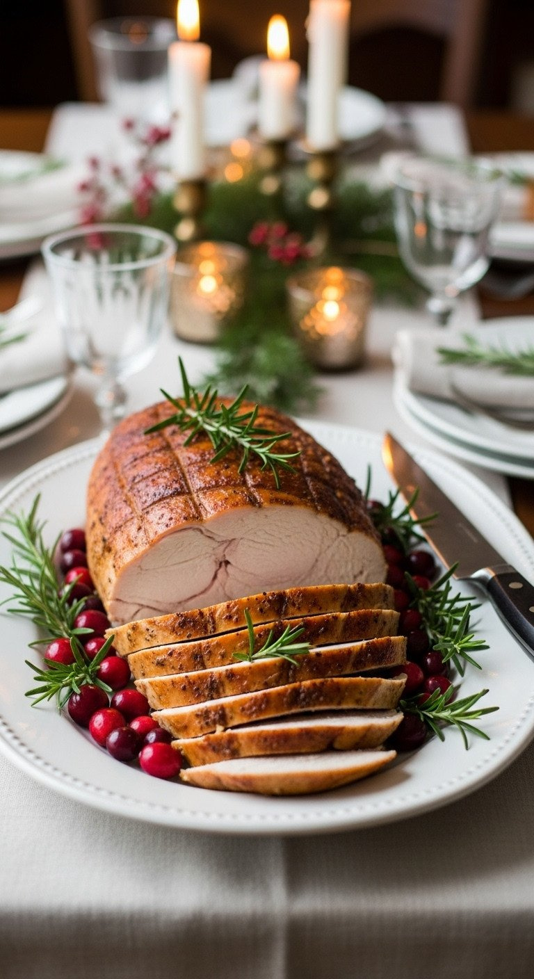 Sliced Turkey Breast On White Platter With Cranberries And Rosemary. Carving Knife On Festive Holiday Table, Ready To Serve.