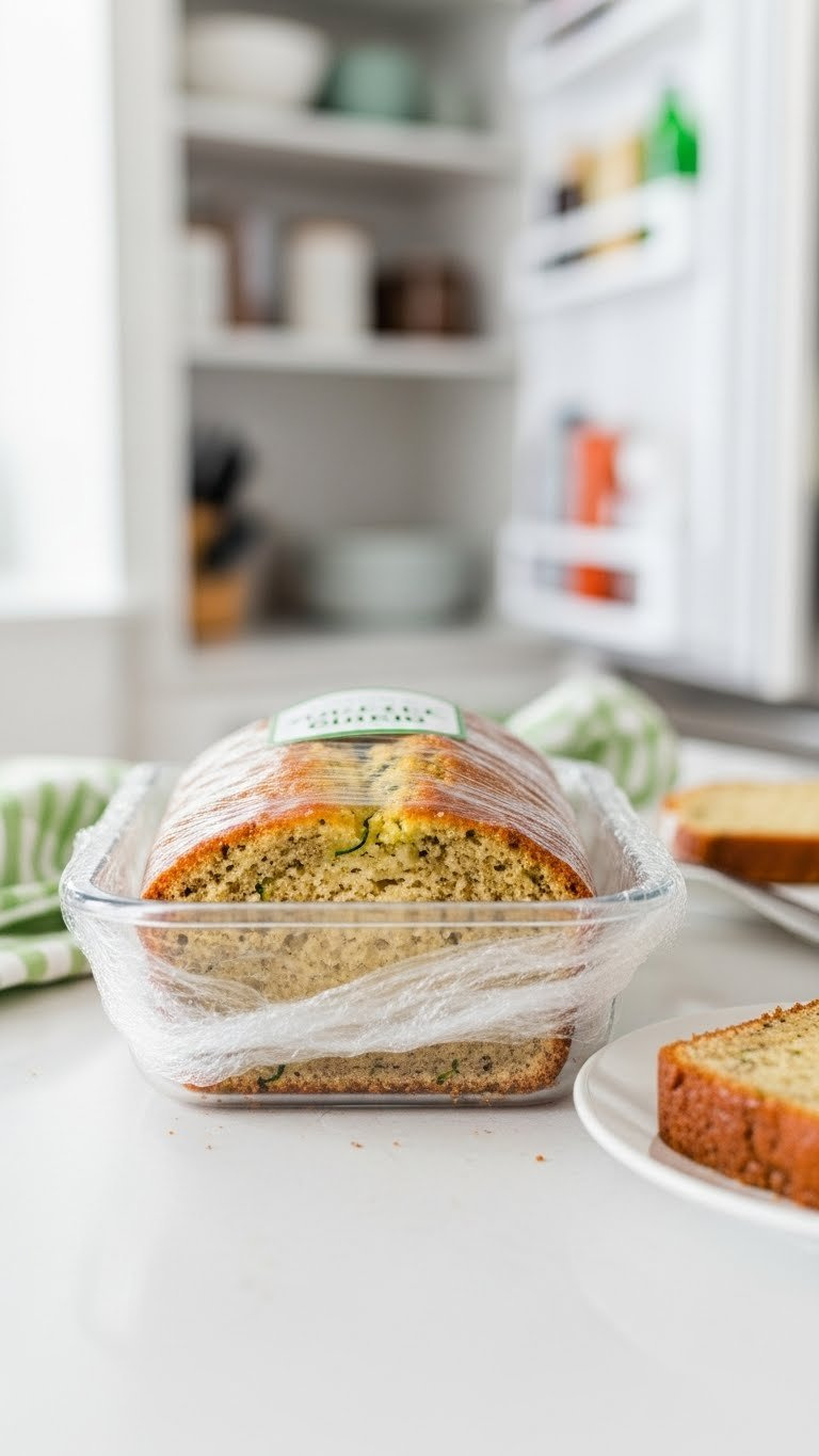 Sliced Zucchini Bread Properly Stored In Airtight Container With Plastic Wrap For Freshness Preservation On Kitchen Counter.