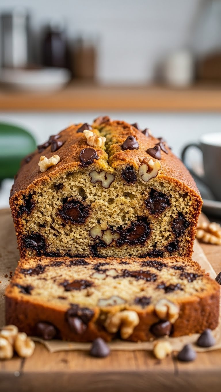 Sliced Zucchini Bread Revealing Moist Crumb Studded With Chocolate Chips And Walnut Pieces
