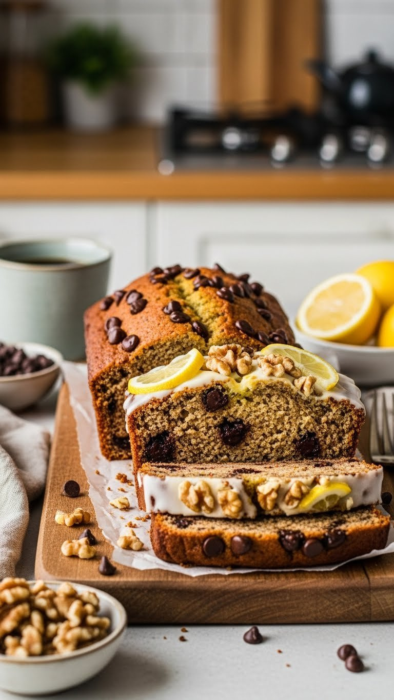 Sliced Zucchini Bread With Chocolate Chips And Walnuts Displayed On Rustic Wooden Cutting Board With Toppings