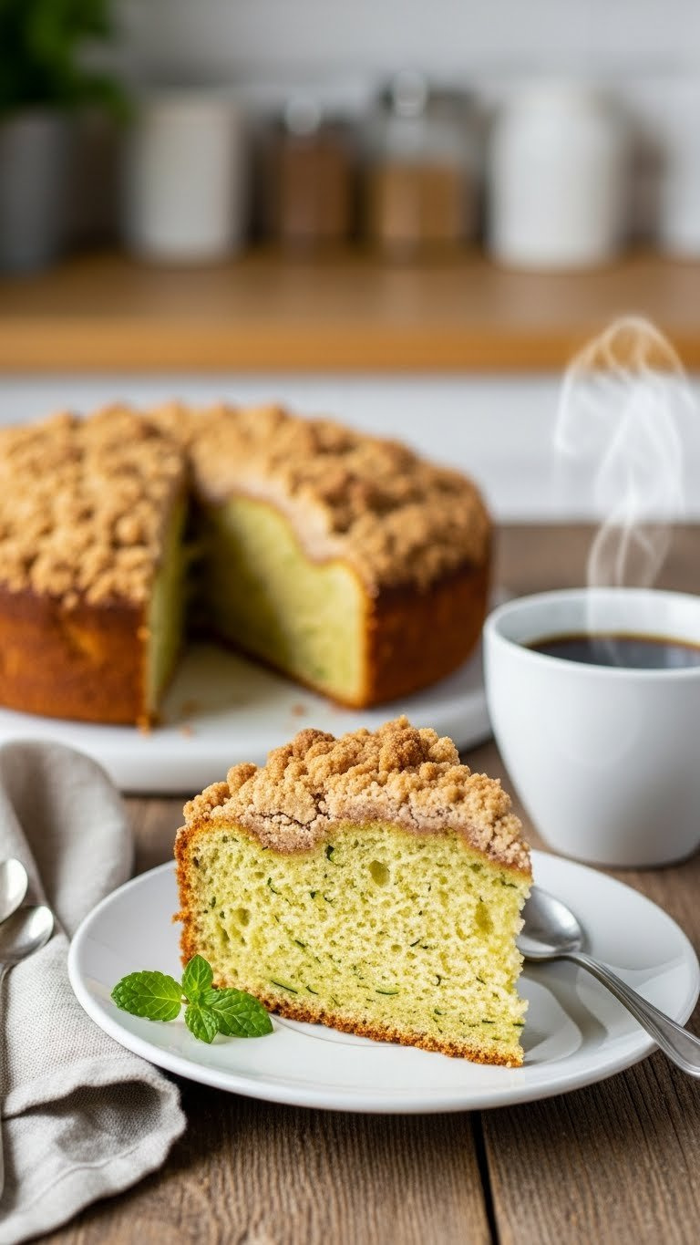 Sliced Zucchini Coffee Cake Showing Moist Green-Speckled Interior With Crunchy Streusel Topping On White Plate