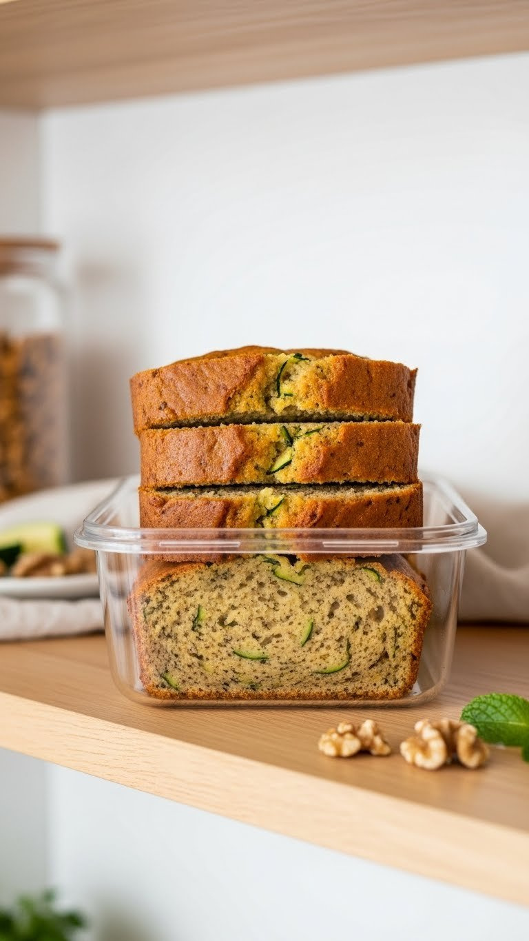 Slices Of Keto Zucchini Bread Neatly Stacked In Transparent Airtight Storage Container Showing Moist Interior
