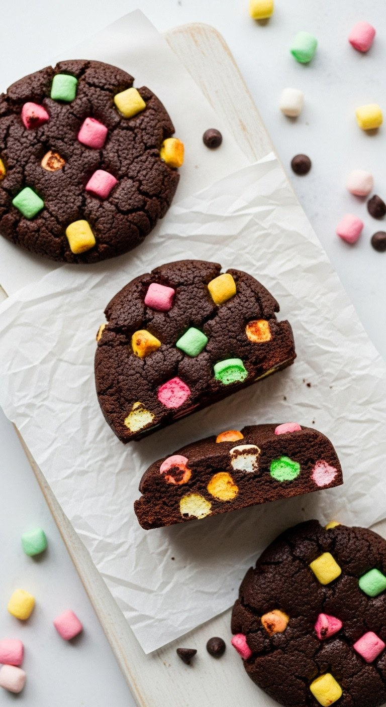 Slices Of No-Bake Church Window Cookies Revealing Colorful Stained-Glass Marshmallows &Amp; Chocolate On Parchment Paper, Wood Board.