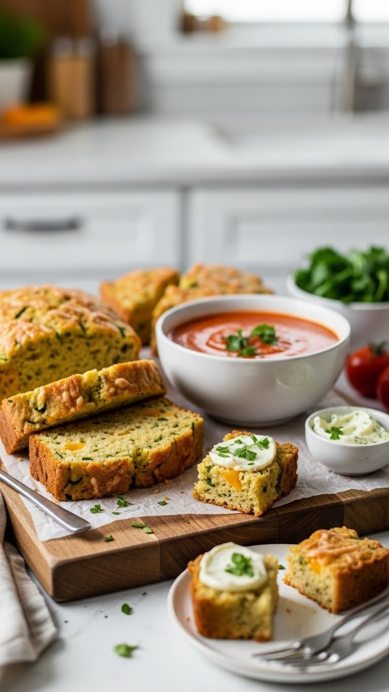 Slices Of Savory Zucchini Cheddar Bread Served With Tomato Soup And Herb Butter On Wooden Board