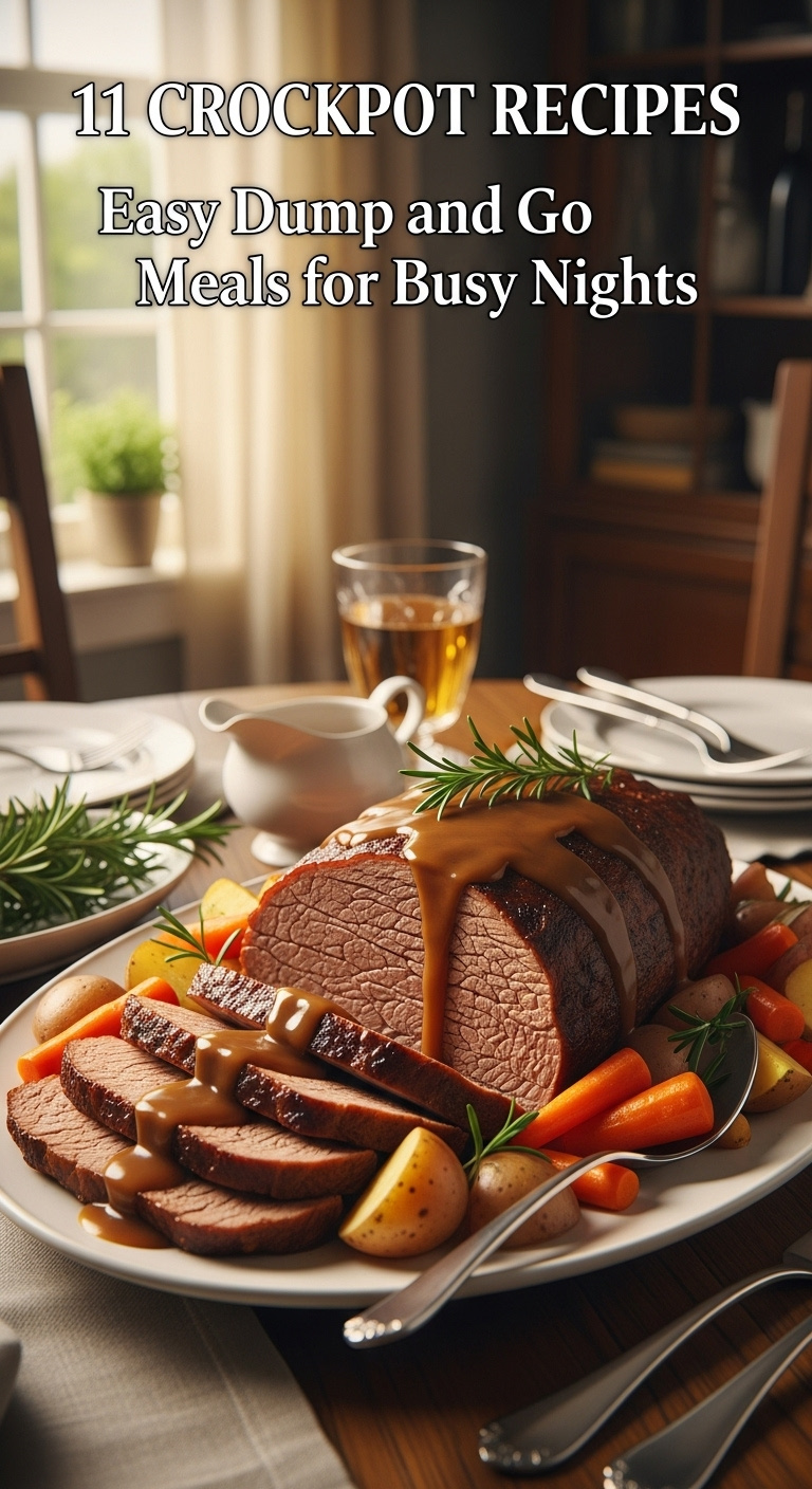 Slices Of Tender Classic Pot Roast With Carrots Potatoes And Rich Brown Gravy On A White Platter On A Wooden Table