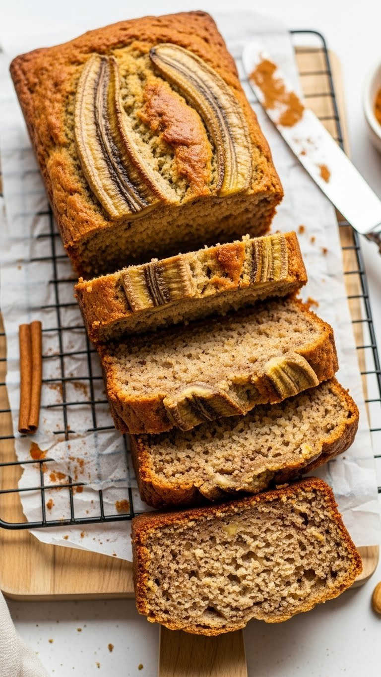 Slices Of Vegan Quick Bread On Cooling Rack With Butter Knife, Showing Perfect Crumb Structure And Flax Egg Binding.