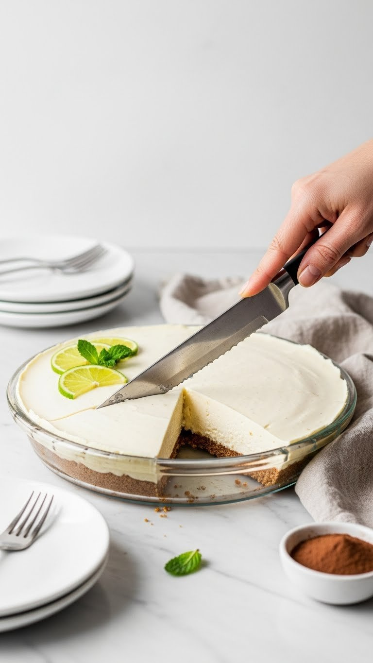 Slicing A Creamy, Perfectly Set No-Bake Dessert On A Marble Countertop With Mint And Linen. Elegant Key Lime Pie.