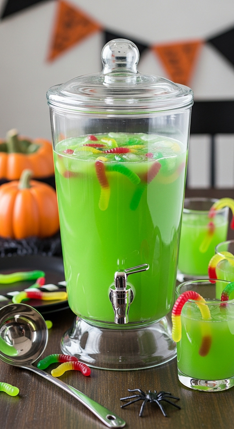 Slime Swamp Sipper Halloween Punch In A Drink Dispenser With Bright Green Liquid And Gummy Worms Perfect For Recipes