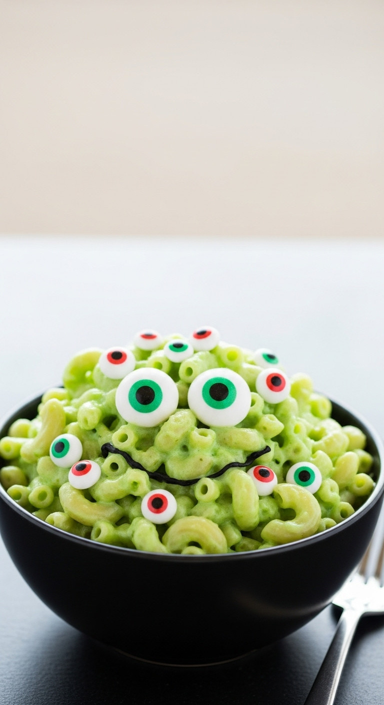 Slimy Monster Mac And Cheese With Vibrant Green Color And Edible Candy Eyeballs In A Black Bowl