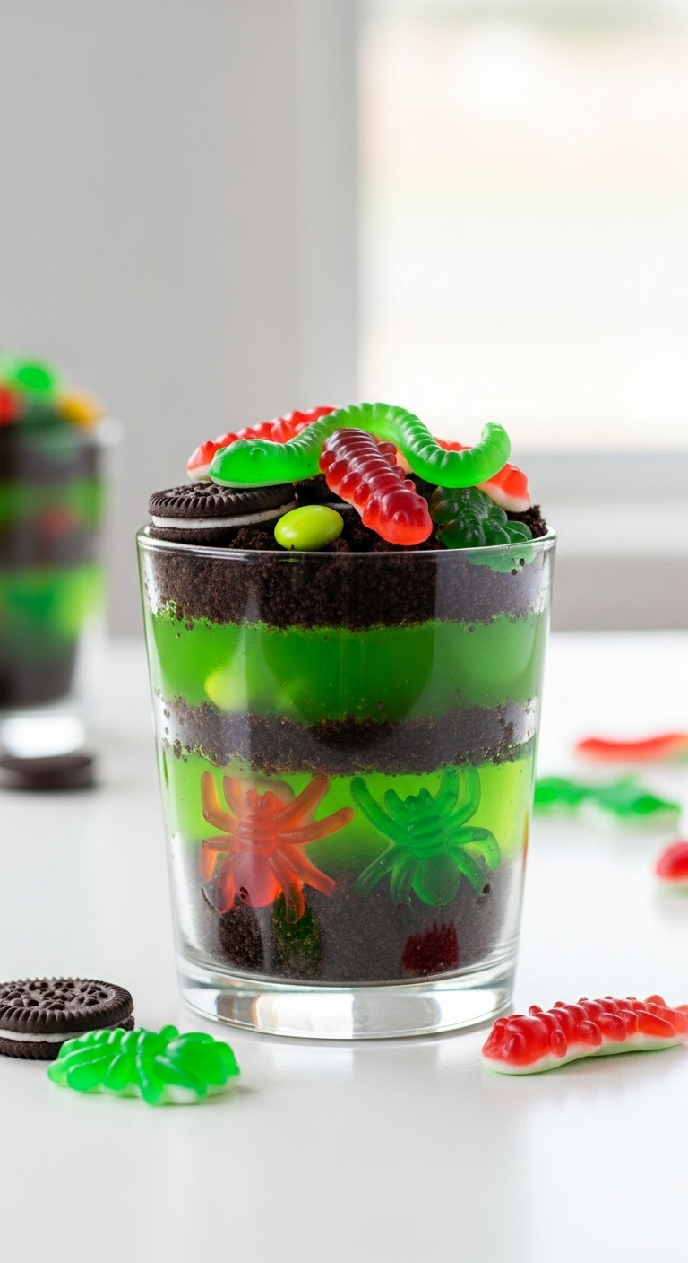 Slimy Bug And Dirt Cups With Green Jelly Chocolate Biscuit And Gummy Creepy Crawlies Perfect For Halloween Recipes