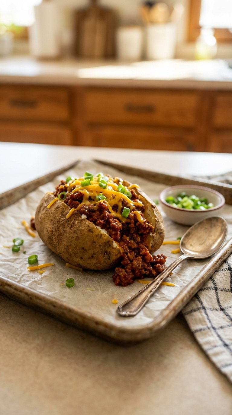 Sloppy Joe Baked Potato Piled High With Savory Ground Beef Mixture And Cheddar Cheese On Metal Baking Sheet