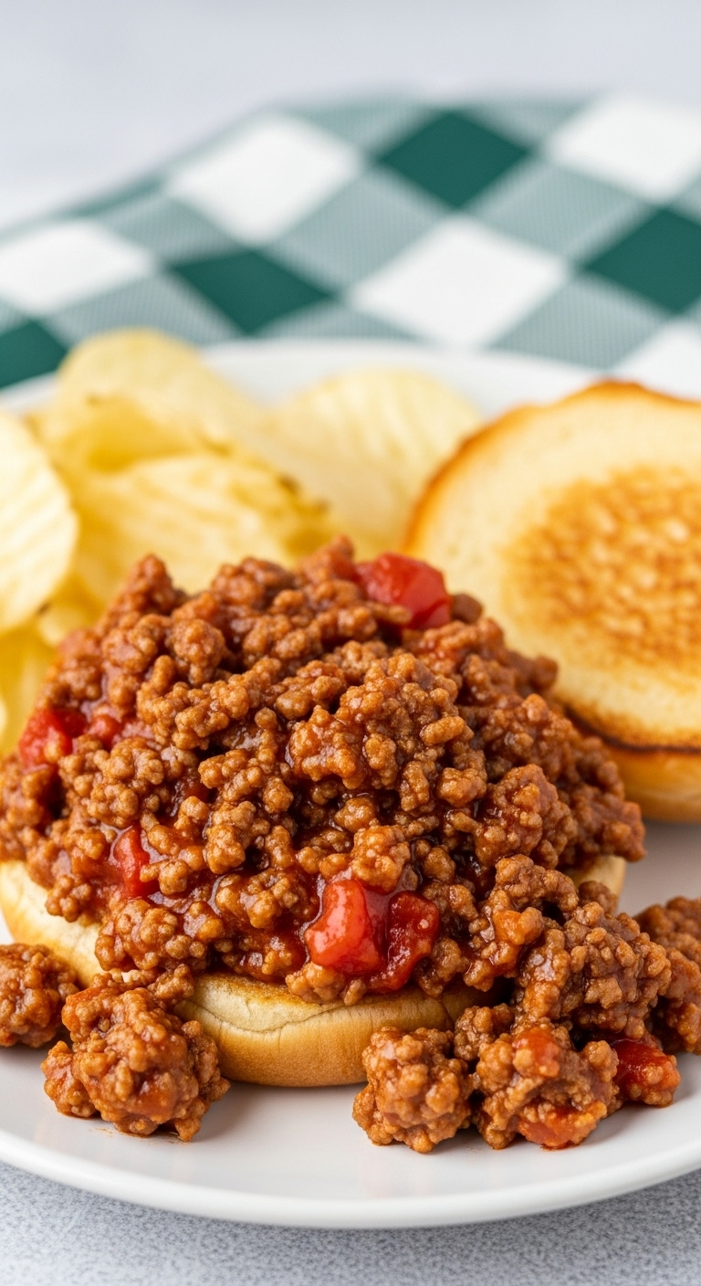 Sloppy Joe On An Open Bun With Spilling Meat, Served With Potato Chips On A Checkered Napkin