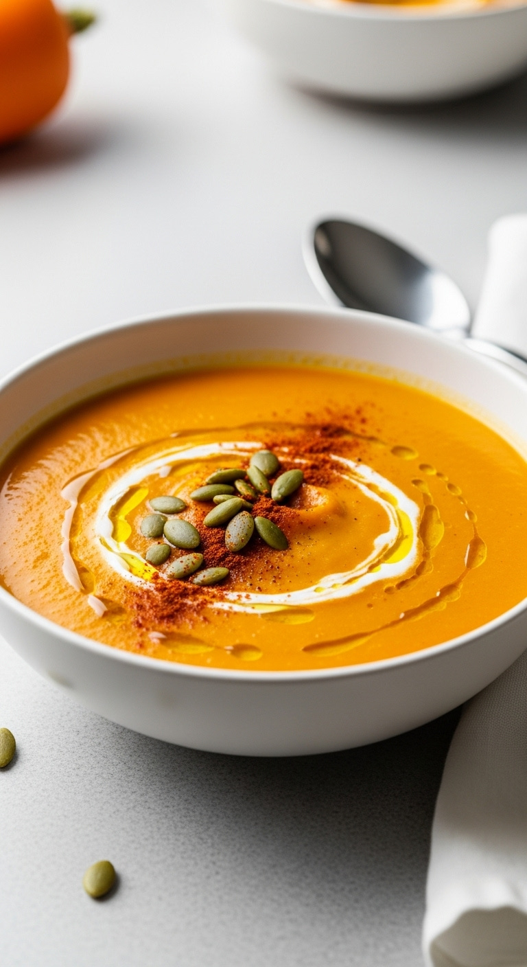 Slow Cooker Carrot Butternut Soup With Olive Oil Paprika Pepitas In Bowl On Light Grey Countertop With Spoon