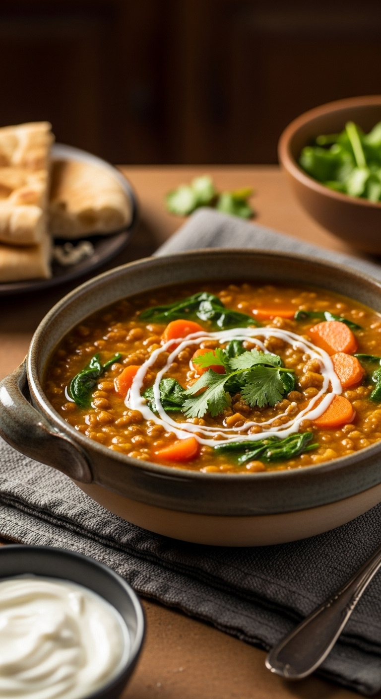 Slow Cooker Curried Lentil Soup With Lentils Carrots Spinach Coconut Milk Cilantro In Ceramic Bowl On Dark Placemat
