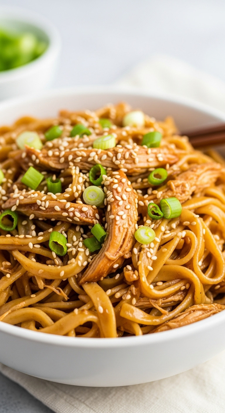 Slow Cooker Honey Garlic Chicken Noodles With Sesame Seeds And Green Onions In A Bowl On A Light Placemat