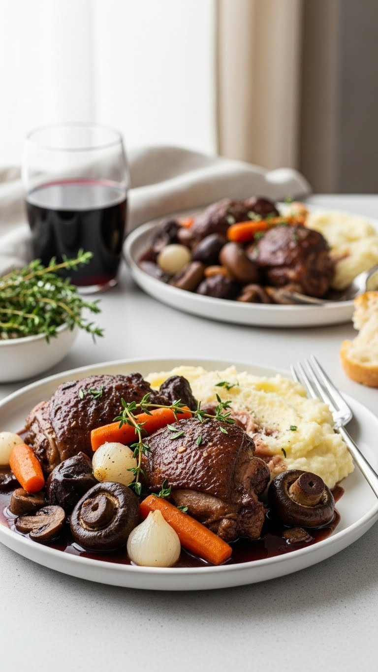 Slow Cooker Coq Au Vin With Dark Chicken In Red Wine Sauce, Mushrooms, Pearl Onions, Carrots, And Parmesan Mashed Potatoes On White Ceramic Plate