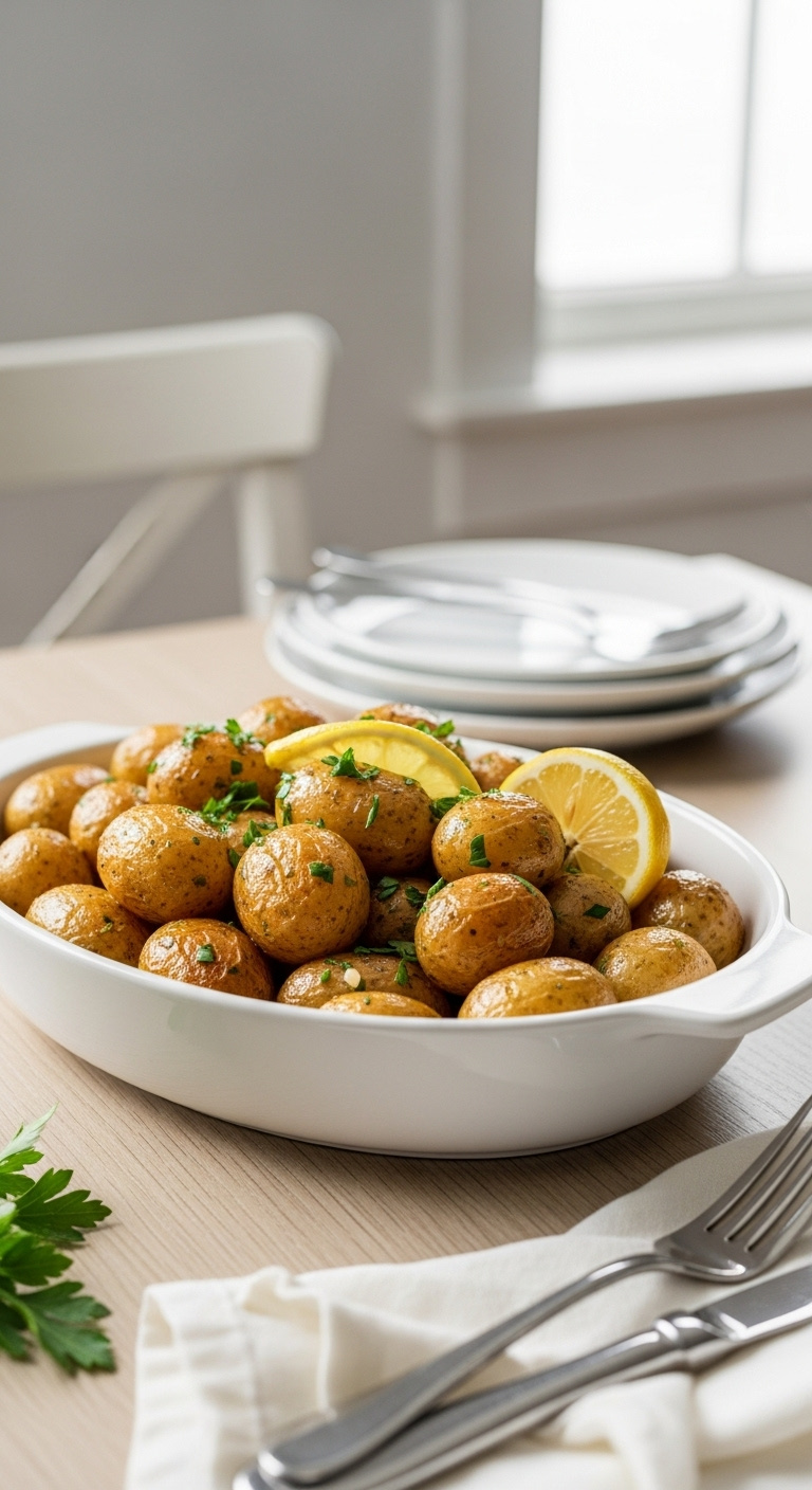 Slow Cooker Greek Lemon Potatoes In White Dish With Herb Sauce Parsley And Lemon Wedge With Elegant Cutlery And Napkin