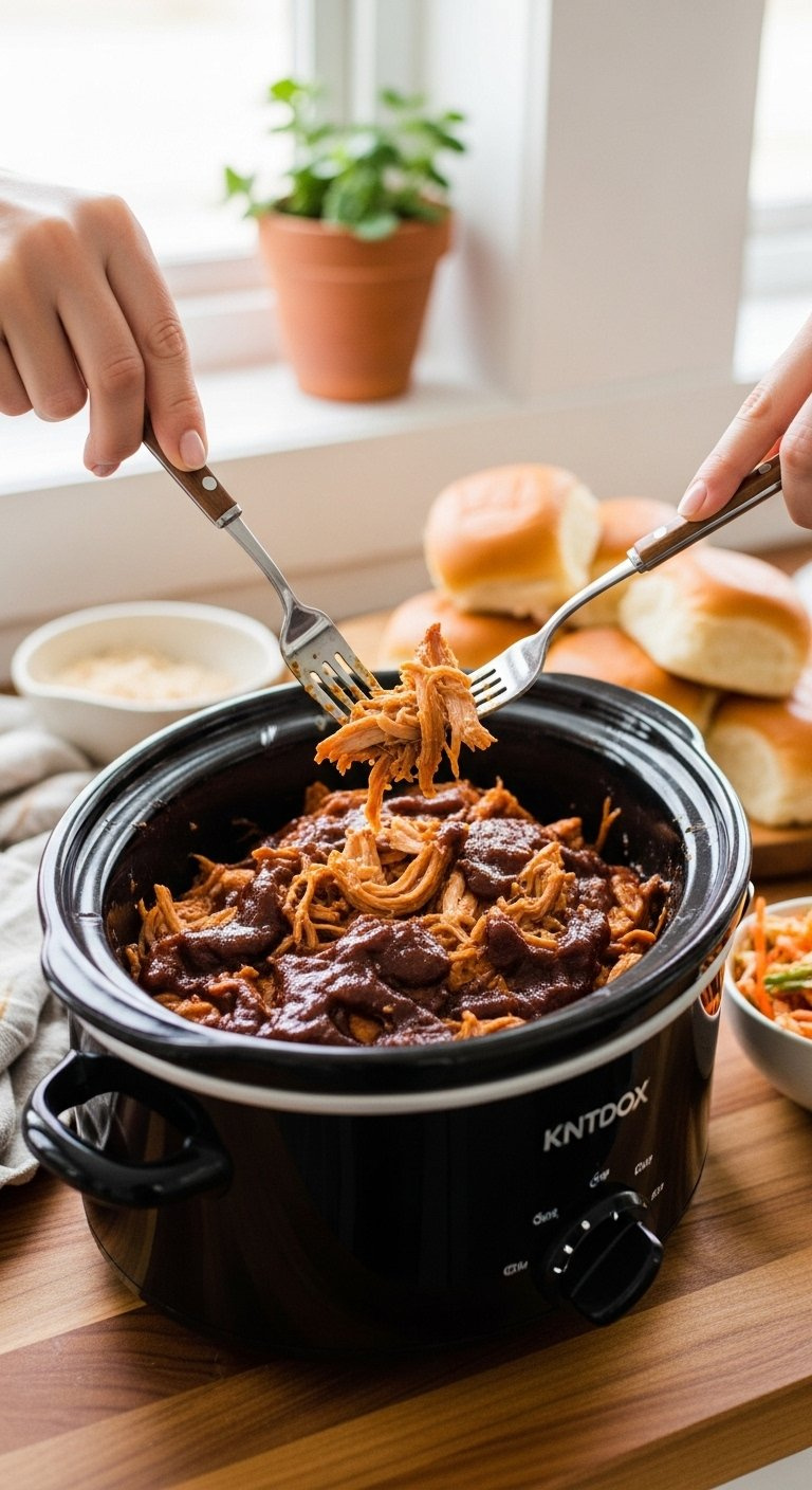 Slow Cooker Korean Pulled Chicken Shredded With Forks And Coated In Rich Dark Bbq Sauce.