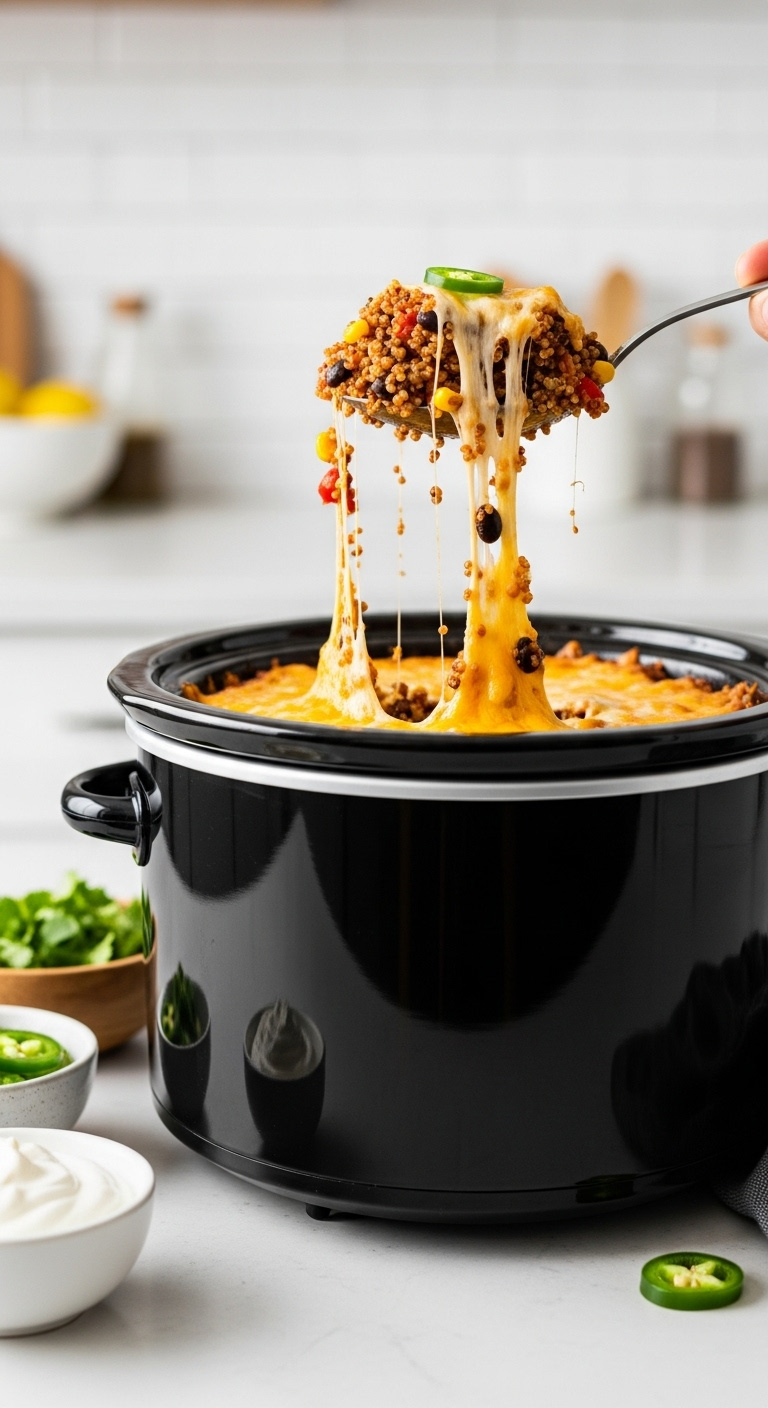 Slow Cooker Mexican Quinoa Casserole With Black Beans Corn Melted Cheese Lifted With Spoon With Toppings Nearby