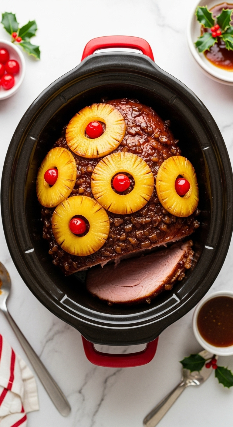 Slow Cooker Brown Sugar And Pineapple Ham With Maraschino Cherries In A Red Ceramic Slow Cooker On Marble Countertop