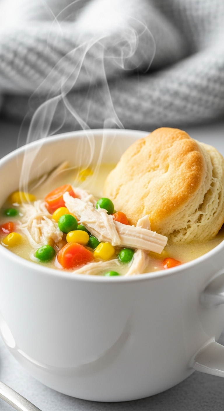 Slow Cooker Chicken Pot Pie Soup With Shredded Chicken, Peas, Carrots, And A Flaky Biscuit