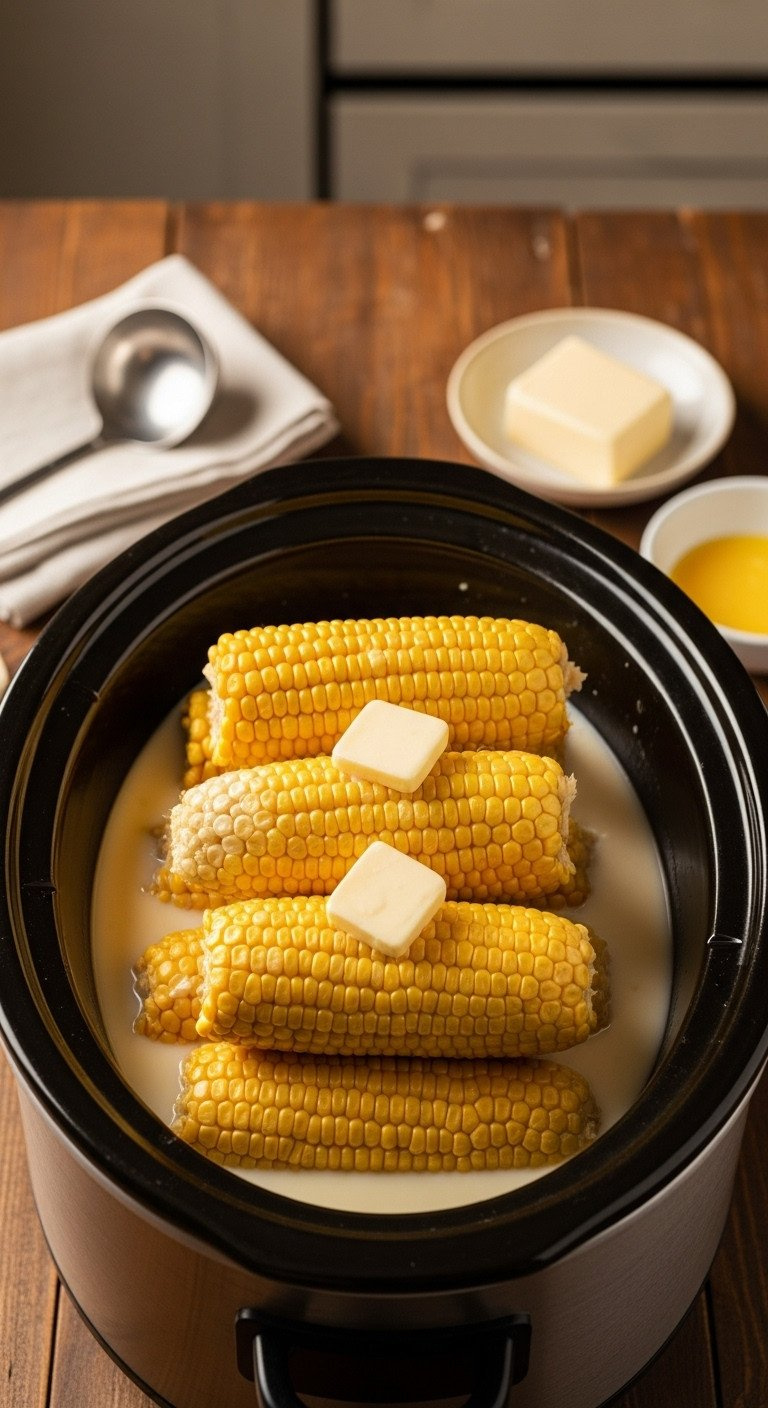 Slow Cooker Corn On The Cob: Multiple Ears In Creamy Milk-Butter Liquid, Tender And Submerged, Low-Effort Party Recipe.