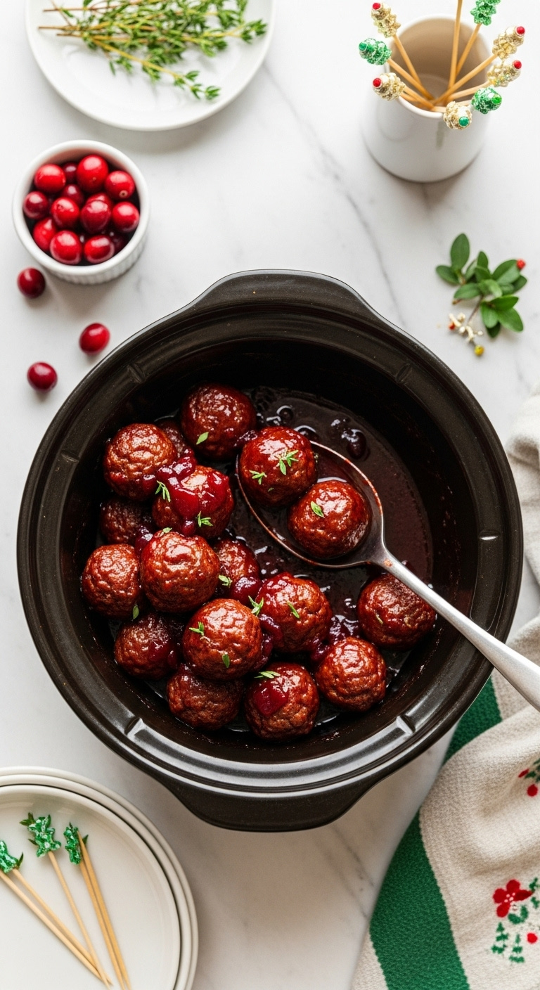 Slow Cooker Cranberry Meatballs With A Serving Spoon In A Ceramic Bowl On A Marble Countertop With Fresh Cranberries
