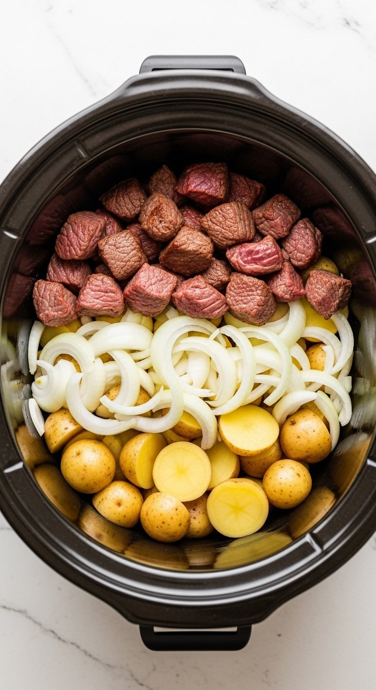 Slow Cooker Crock Layered With Halved Baby Potatoes, Sliced Onions, And Seared Beef Cubes Before Cooking.