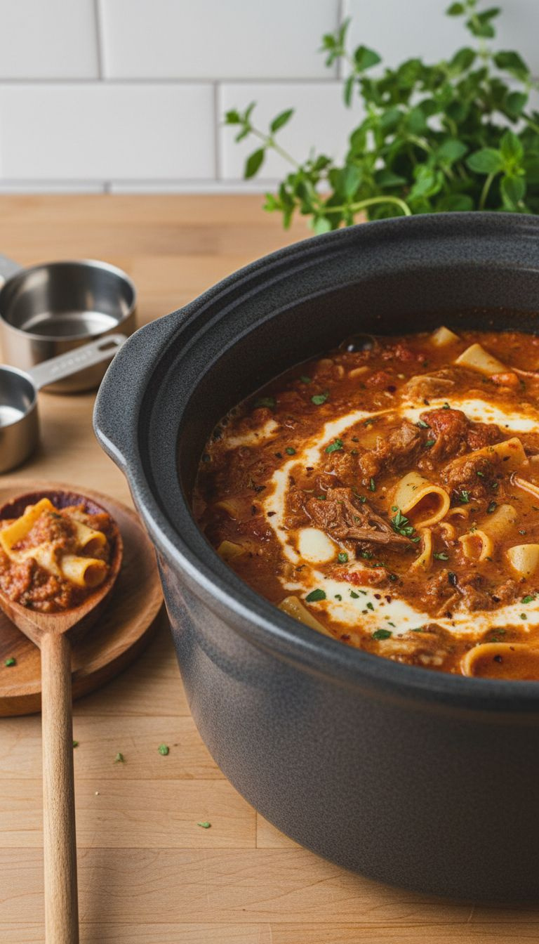 Slow Cooker Lasagna Soup, Rich Tomato And Meat Sauce Simmering With Italian Herbs, Wooden Spoon, Fresh Oregano.