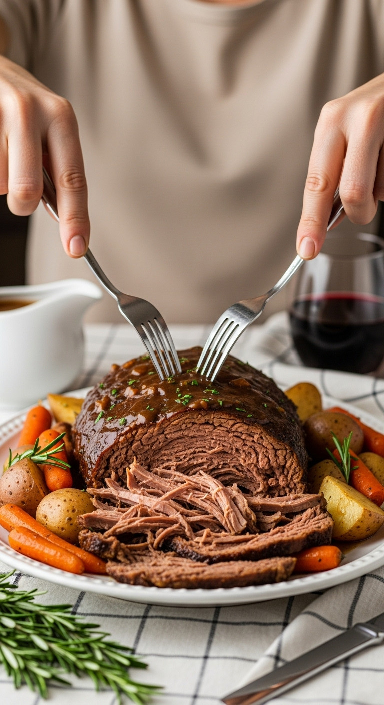 Slow Cooker Pot Roast Shredded With Forks On A White Platter Surrounded By Carrots Potatoes And Gravy